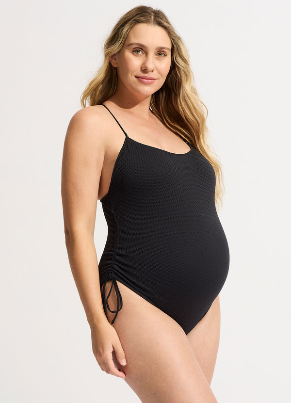Sea Dive Scoop Neck Drawstring Side One Piece - Black