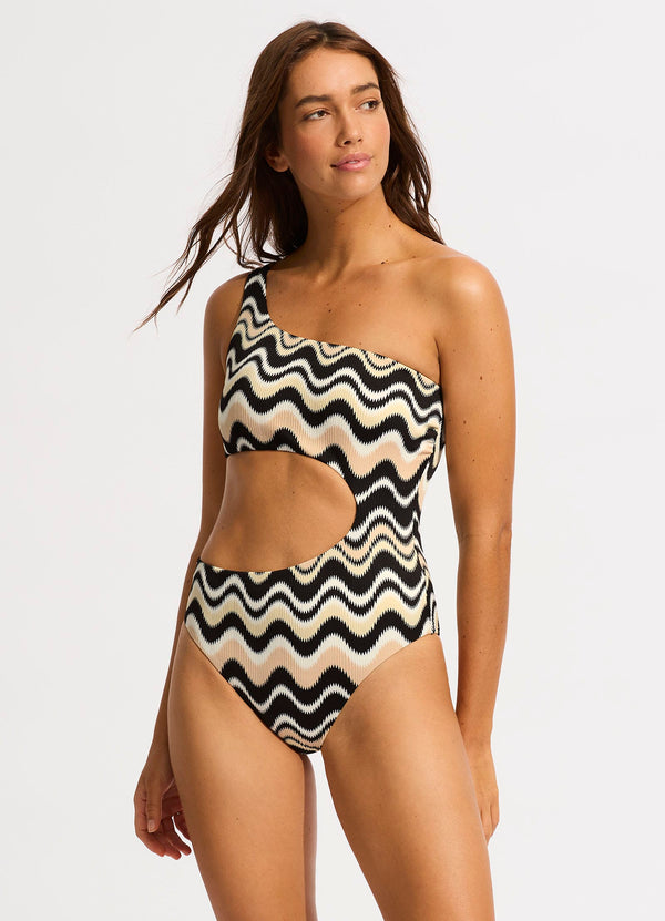 Neue Wave One Shoulder Cut Out One Piece - Black