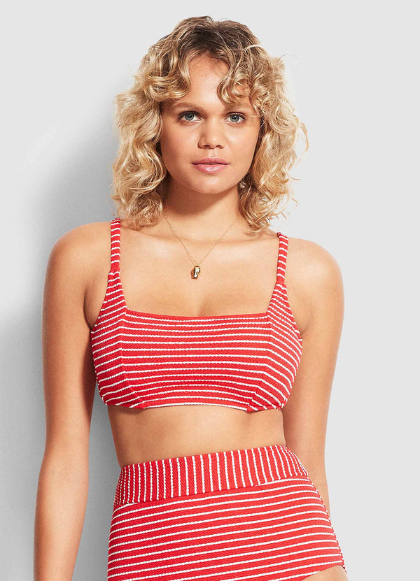 Seaside Stripe DD Square Neck Tank Bikini Top - Chilli Red