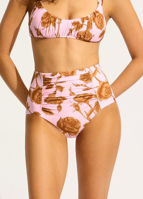 Rococo Ruched Front High Waisted Bikini Bottom - Blossom