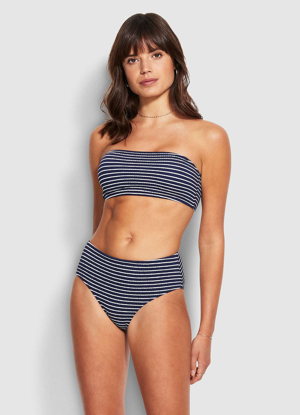 Seaside Stripe Wide Side Retro Bikini Bottom - True Navy