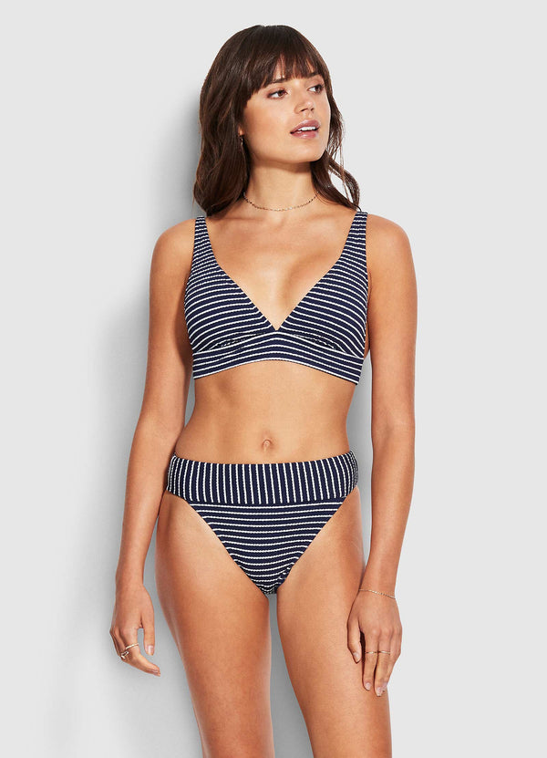 Seaside Stripe Banded High Rise Bikini Bottom - True Navy