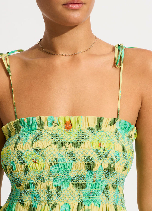 Garden Party Smocking Midi Dress - Lime Light