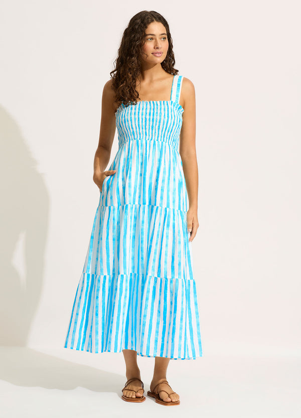 Shirred Midi Dress - Turquoise