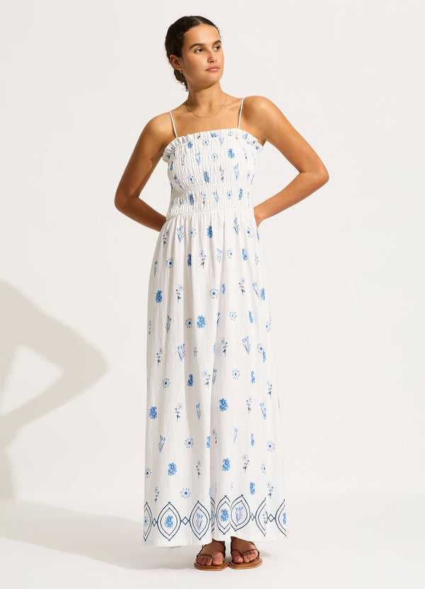 Marbella Shirred Maxi Dress - White