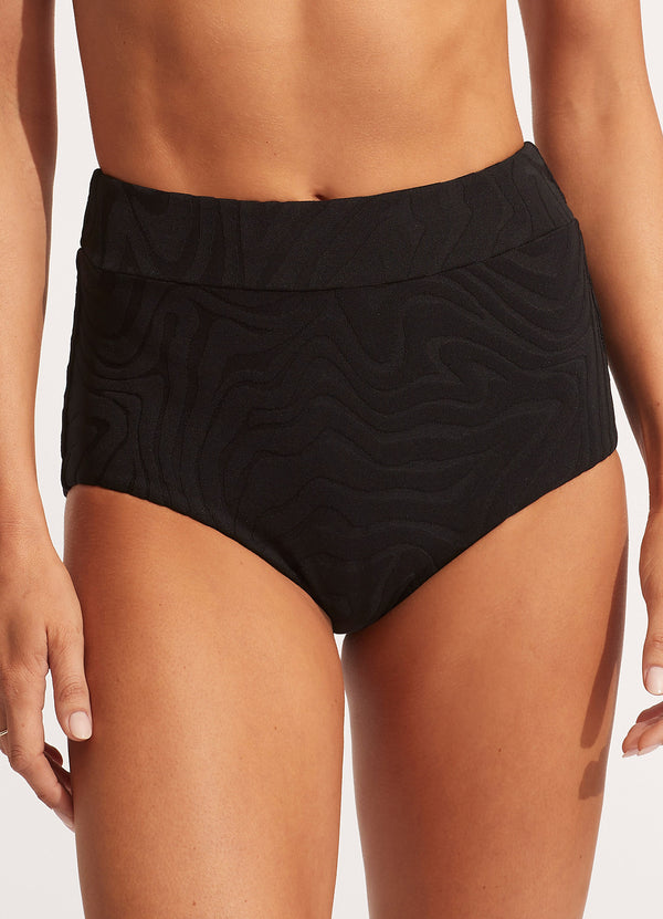 Second Wave High Waisted Bikini Bottom - Black