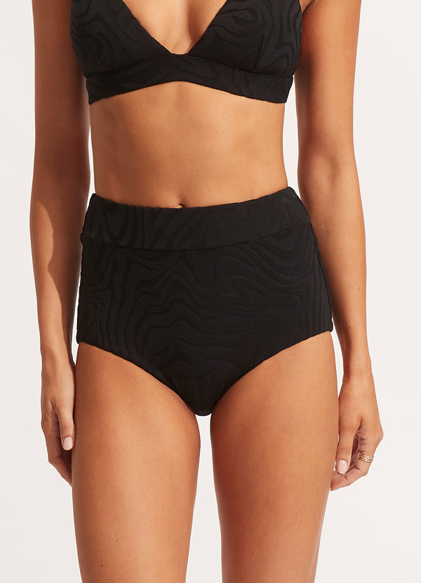 Second Wave High Waisted Bikini Bottom - Black