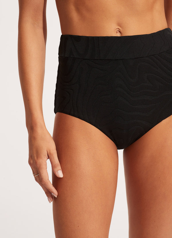 Second Wave High Waisted Bikini Bottom - Black