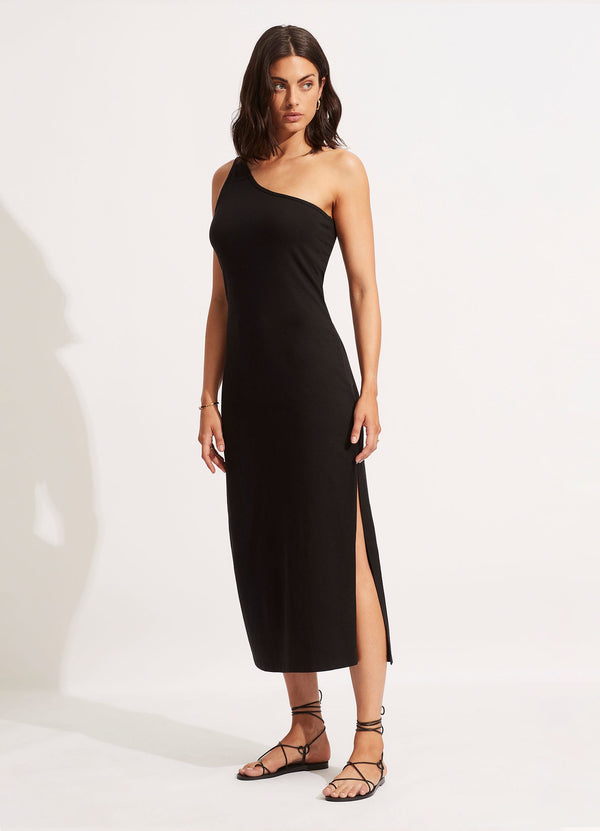 Jersey One Shoulder Midi Dress - Black