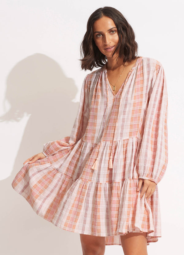 Textured Gingham Tiered Dress - Lilac