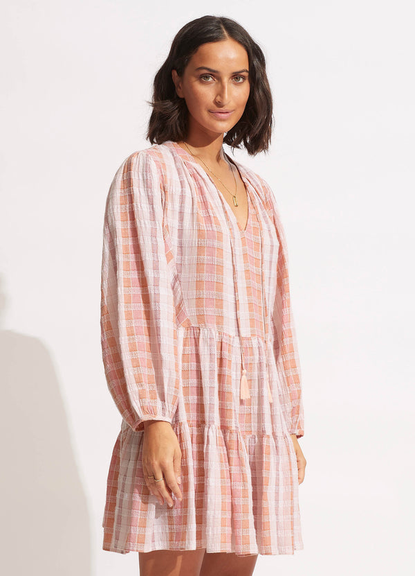 Textured Gingham Tiered Dress - Lilac