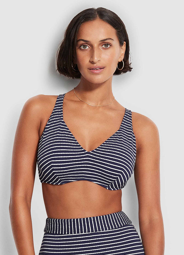 Seaside Stripe F Cup Halter Bikini Top - True Navy