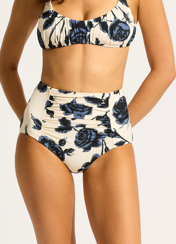 Rococo Ruched Front High Waisted Bikini Bottom - Black
