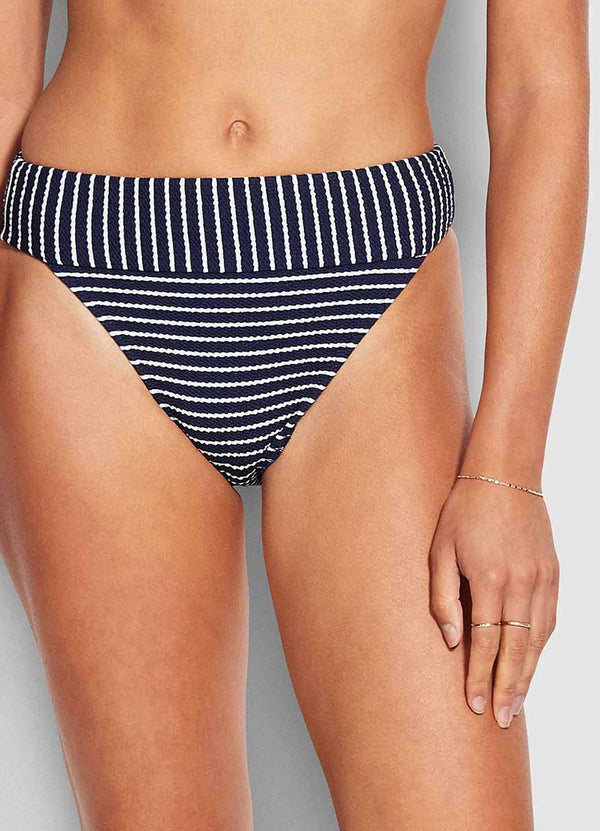 Seaside Stripe Banded High Rise Bikini Bottom - True Navy