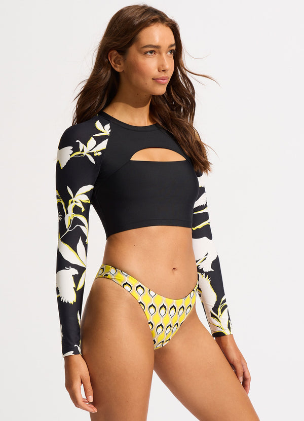 Birds Of Paradise Cropped Long Sleeve Rashvest - Black