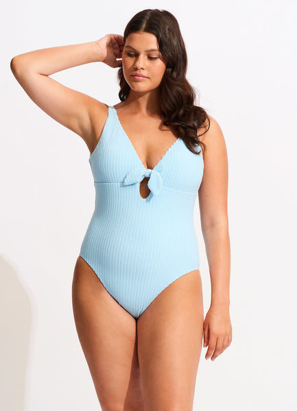 Blue Textured V Neck One-Piece Swimsuit Reviews Blue, 44% OFF