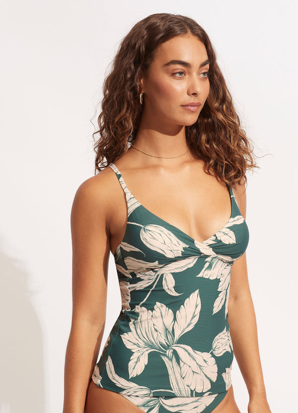 Fleur de Bloom Wrap Front Singlet - Evergreen