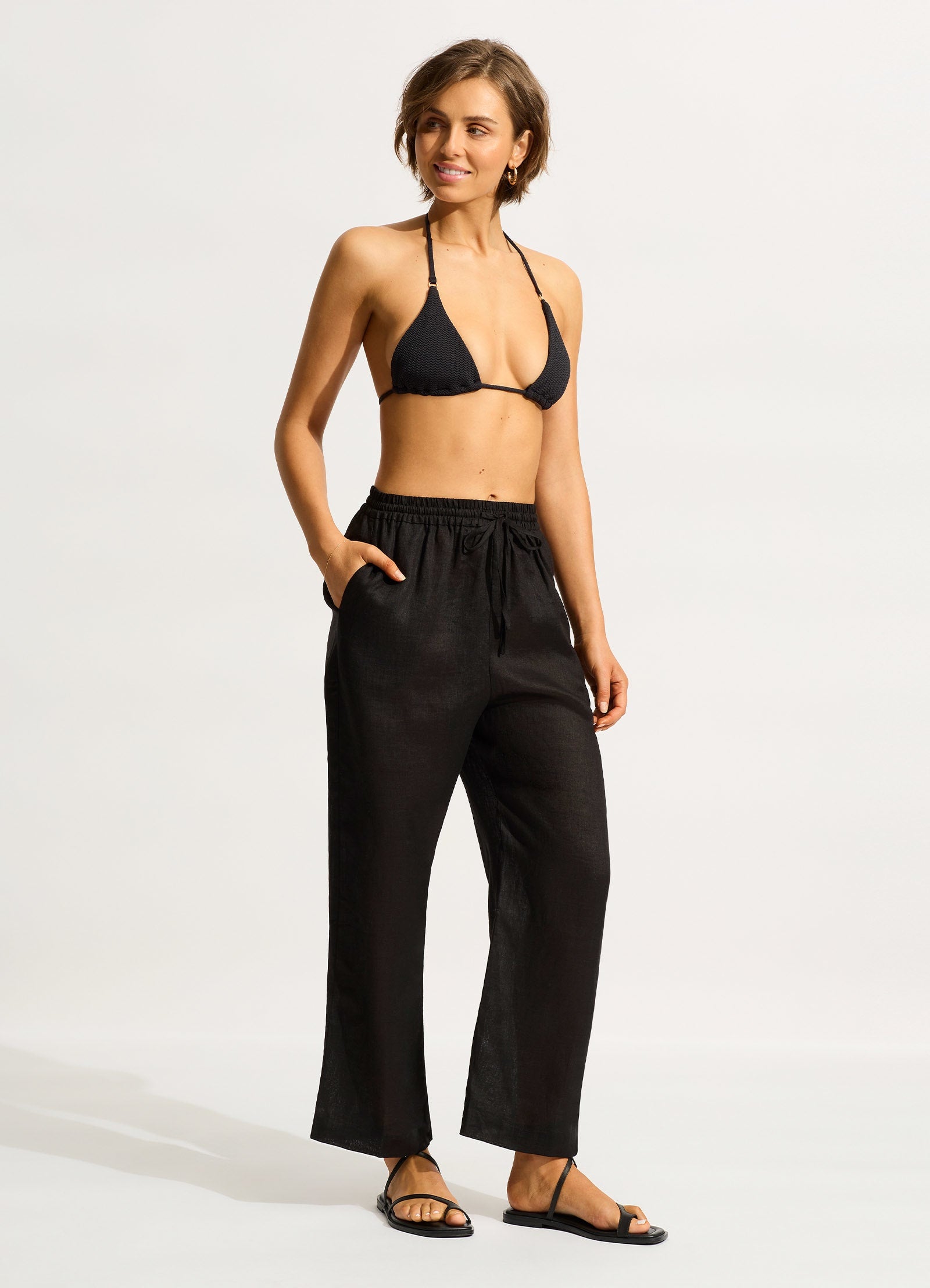 High waisted clearance black linen pants